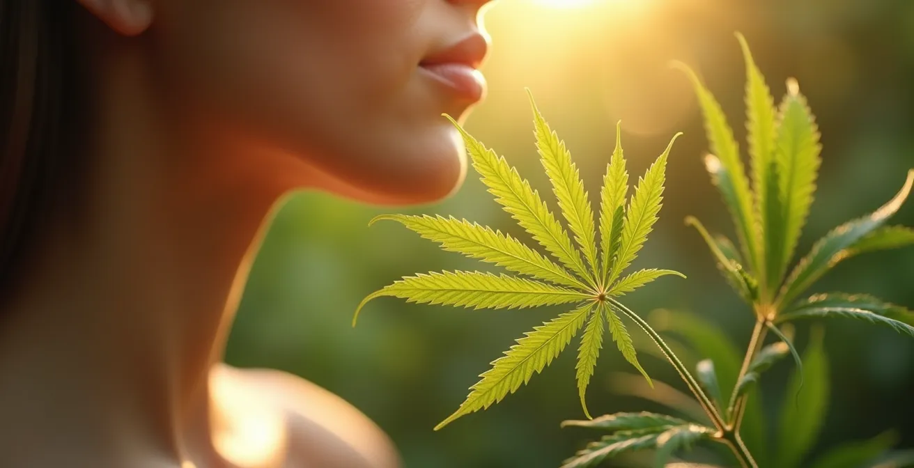 Peau éclatante et saine avec des éléments naturels de chanvre et visualisation symbolique de l'équilibre cutané