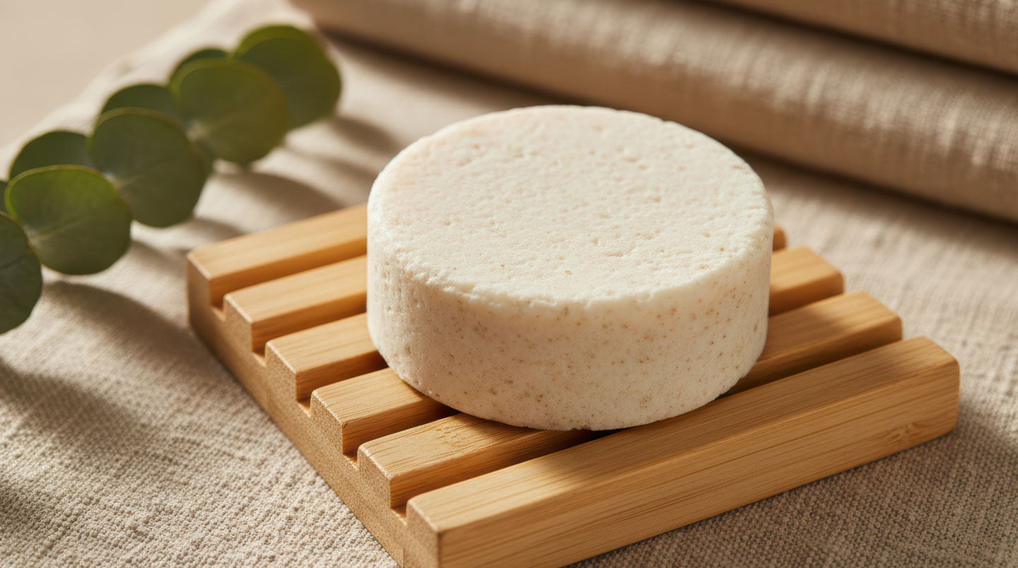 Gros plan sur porte-savon drainant en bois clair à lamelles style japonais posé sur rebord lavabo blanc, avec savon surgras artisanal partiellement utilisé séchant naturellement, gouttelettes d'eau visibles