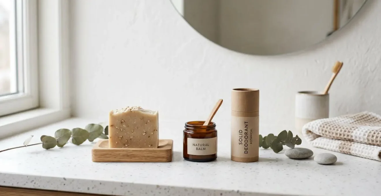 Comptoir de salle de bain minimaliste blanc avec trois produits cosmétiques solides artisanaux disposés sur surface épurée — savon surgras beige sur porte-savon bois clair, pot en verre ambré et stick solide emballage carton, éclairés par lumière naturelle douce