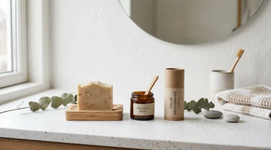 Comptoir de salle de bain minimaliste blanc avec trois produits cosmétiques solides artisanaux disposés sur surface épurée — savon surgras beige sur porte-savon bois clair, pot en verre ambré et stick solide emballage carton, éclairés par lumière naturelle douce