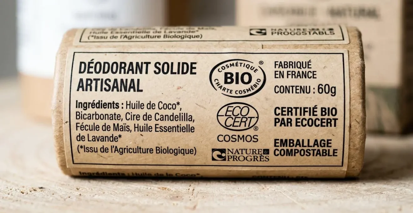 Gros plan sur emballage carton kraft cosmétique solide artisanal montrant logos certifications bio Cosmébio, Ecocert et Nature & Progrès imprimés sur étiquette papier recyclé
