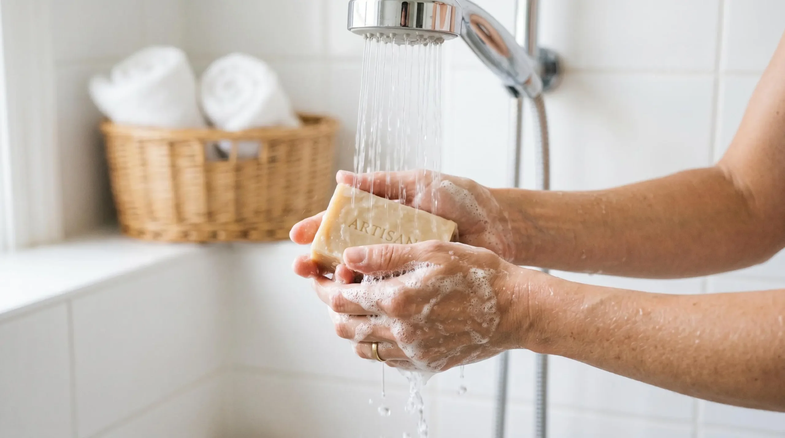 Mains féminines faisant mousser savon surgras artisanal beige sous filet d'eau claire de douche, créant mousse crémeuse blanche, dans salle de bain contemporaine épurée avec carrelage blanc